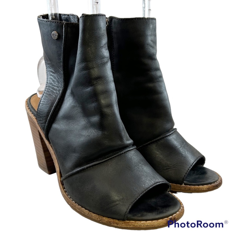 UGG - "Valencia" Black Leather Peep Toe Booties - US Size 8 - Euro 39